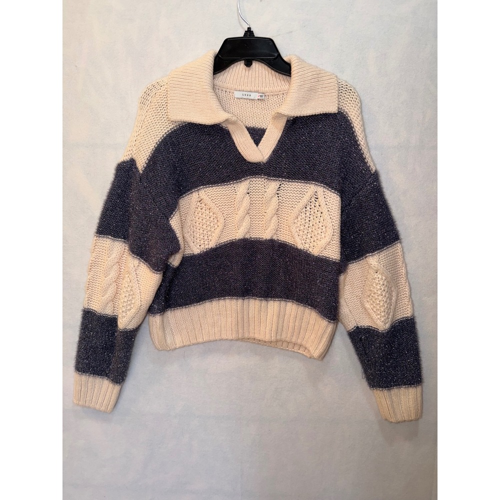 LUSH Striped Cable Knit Collared Sweater Pullover Sparkle Blue Beige M